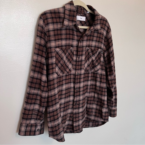 TNA Aritzia Brown Plaid Flannel Button-Up Shirt - Picture 2 of 6